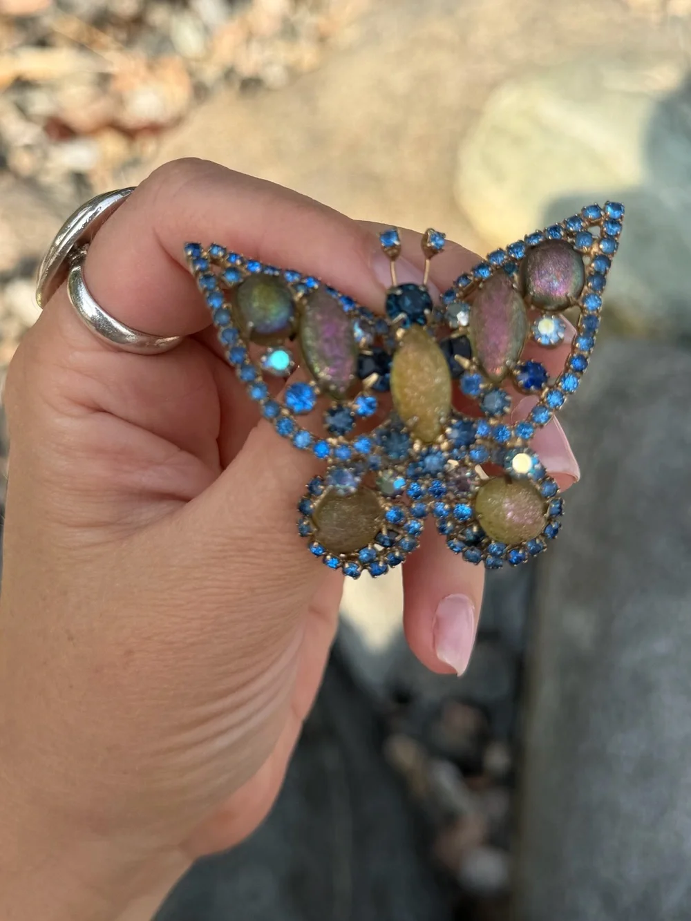 Vintage Blue Frosted Unique Crystal Butterfly Statement Brooch